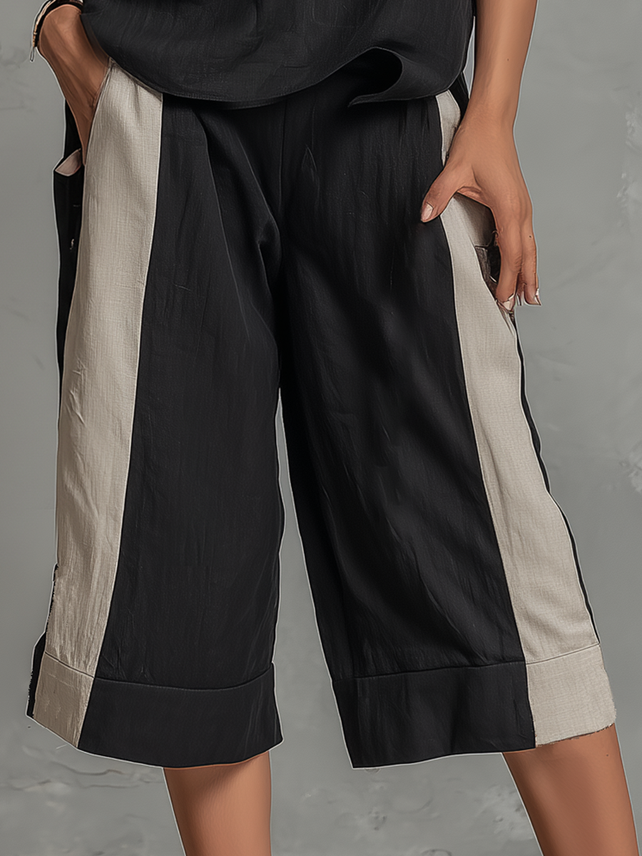 Retro Casual Sleeveless Round Neck Top and Colour-blocked Capri Pants Set