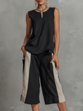 Retro Casual Sleeveless Round Neck Top and Colour-blocked Capri Pants Set