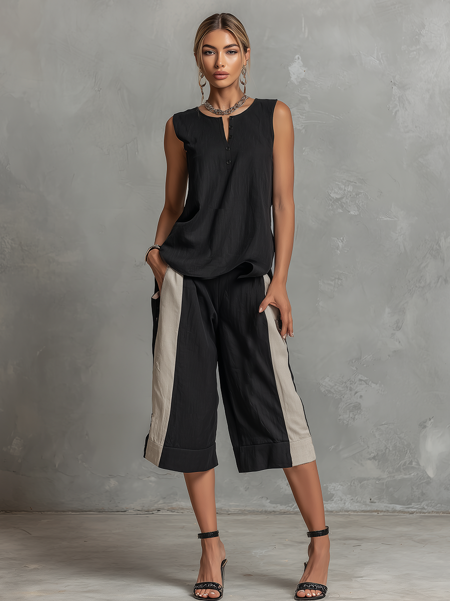 Retro Casual Sleeveless Round Neck Top and Colour-blocked Capri Pants Set