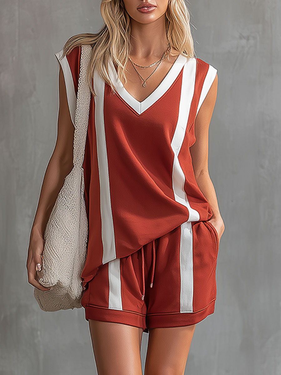 Casual Retro Brick Red And White Color-blocked V-neck Sleeveless Top And Shorts Set