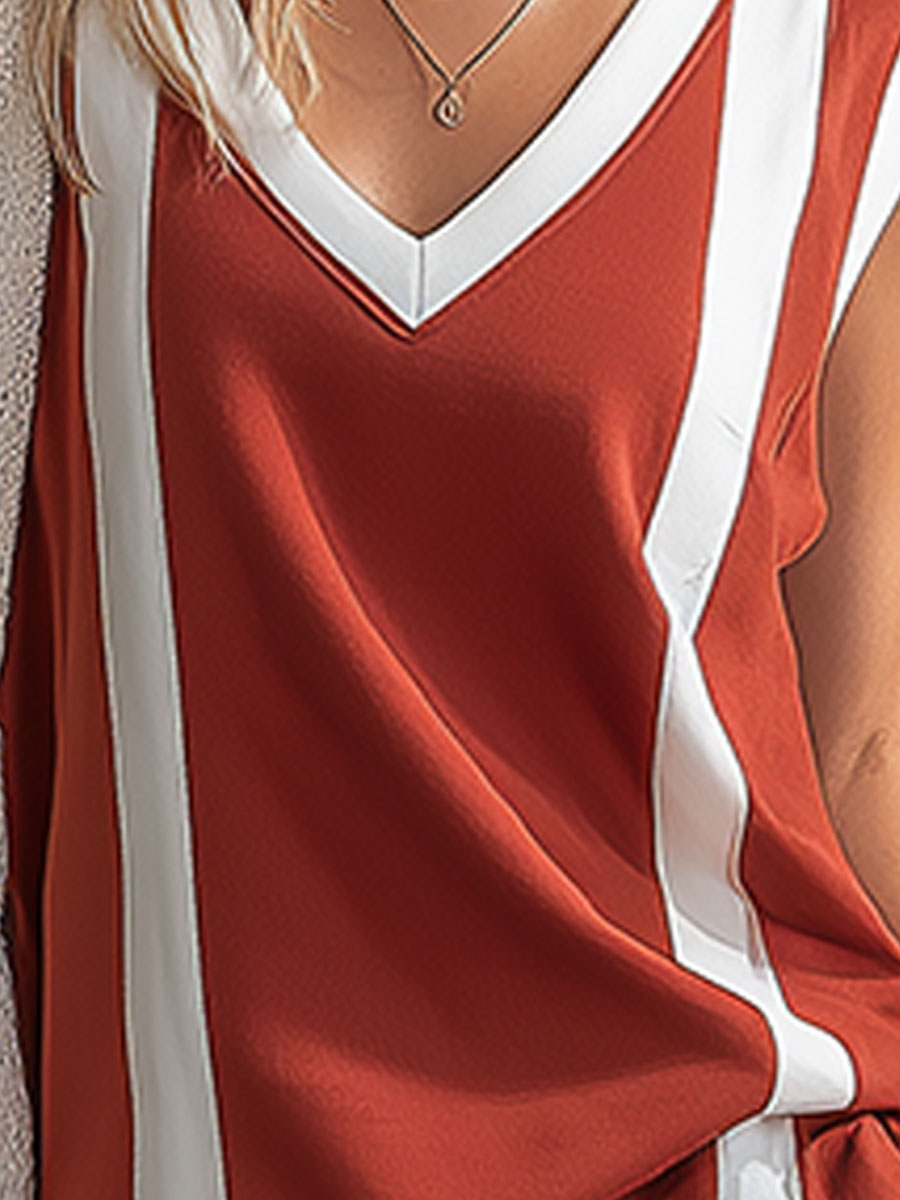 Casual Retro Brick Red And White Colour-blocked V-neck Sleeveless Top And Shorts Set