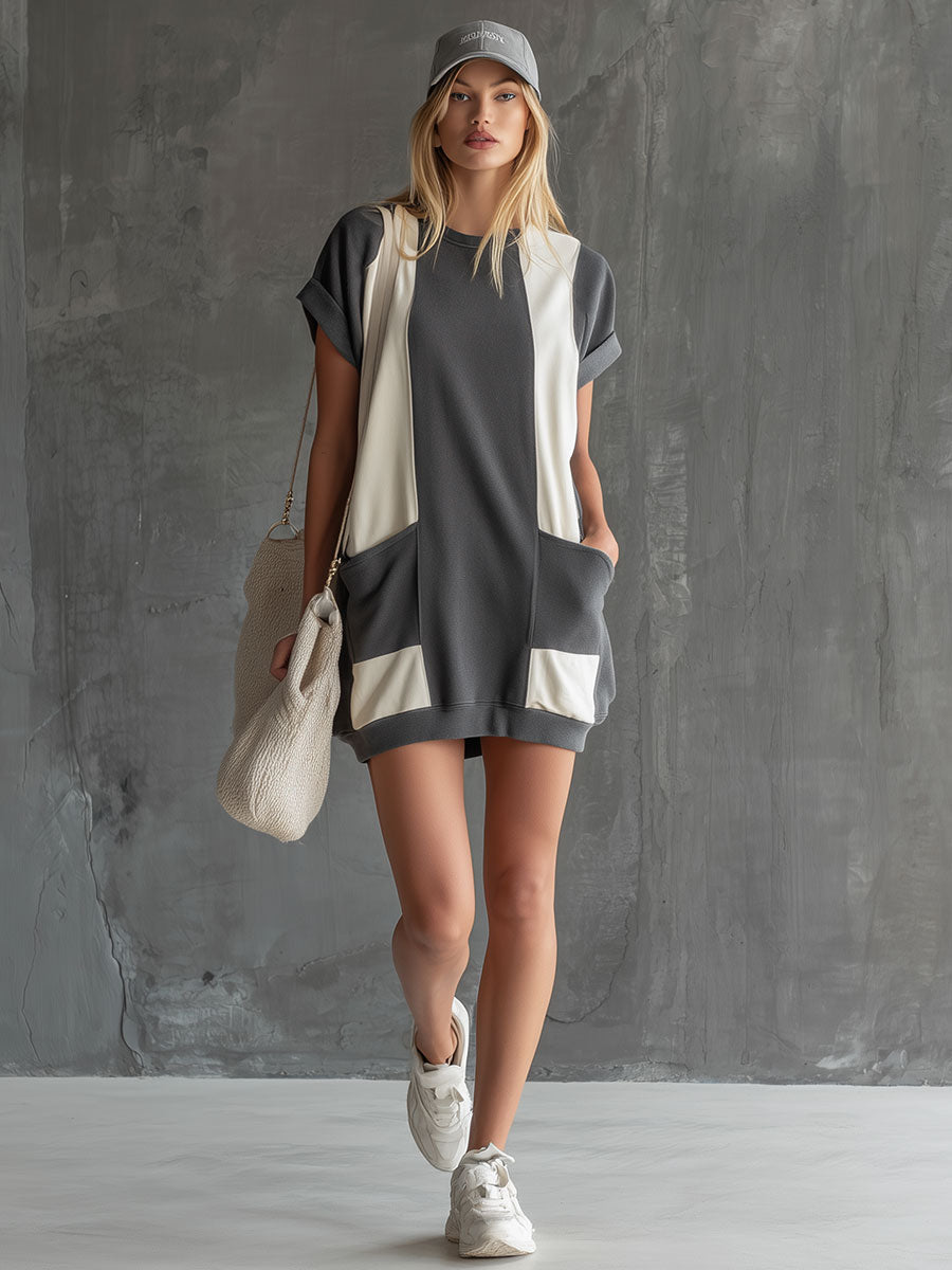 Casual Retro Gray And White Color-blocked Round Neck Short-sleeved Mini Dress