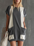 Casual Retro Grey And White Colour-blocked Round Neck Short-sleeved Mini Dress