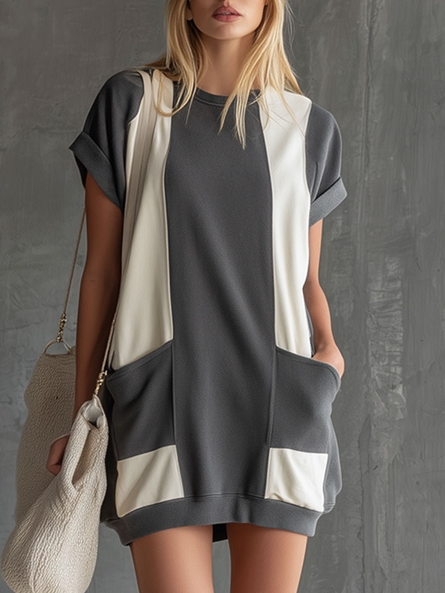 Casual Retro Grey And White Colour-blocked Round Neck Short-sleeved Mini Dress