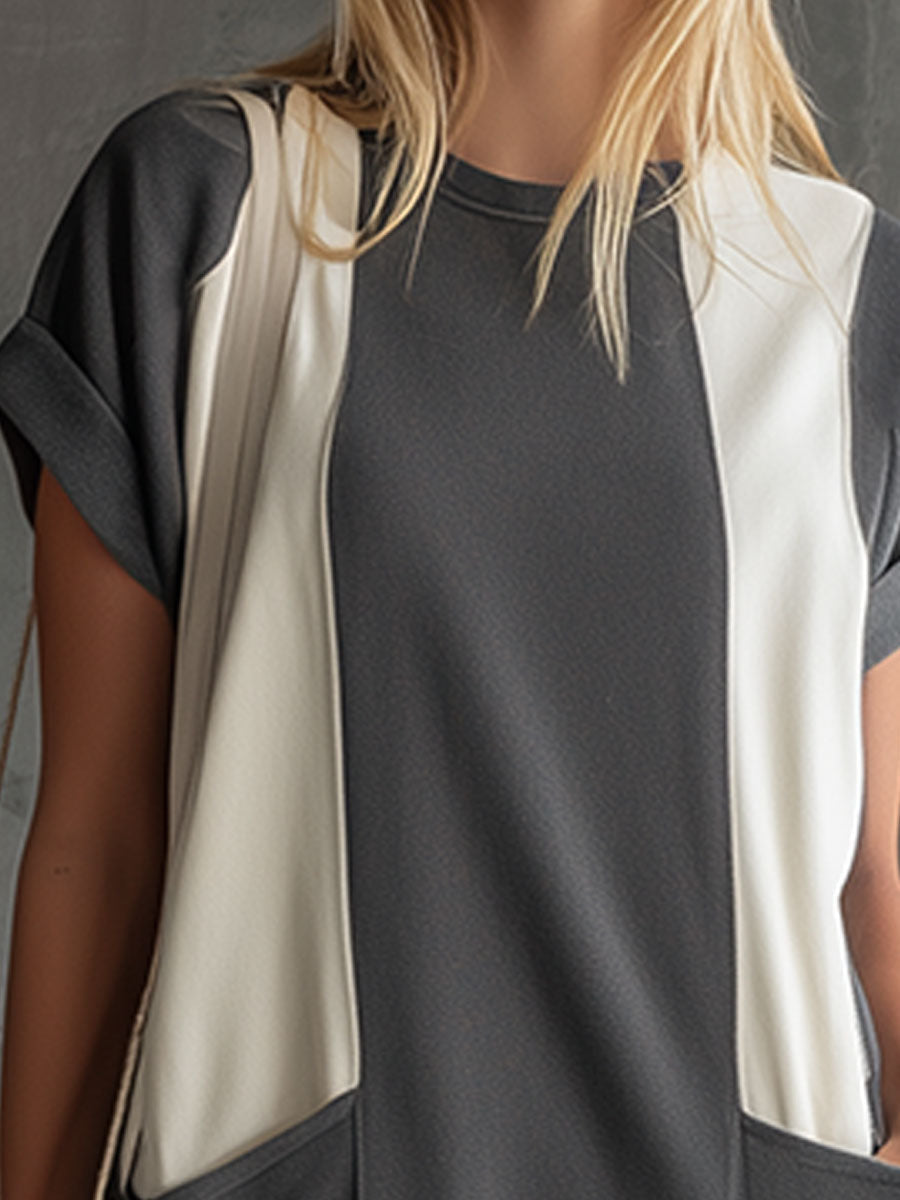 Casual Retro Grey And White Colour-blocked Round Neck Short-sleeved Mini Dress