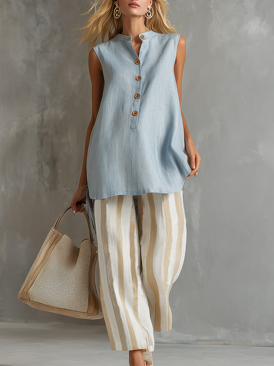Elegant Casual Light Blue Vest and Striped Cropped Trousers Cotton-Linen Set