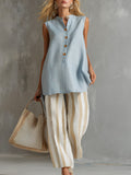 Elegant Casual Light Blue Vest And Striped Cropped Pants Cotton-Linen Set