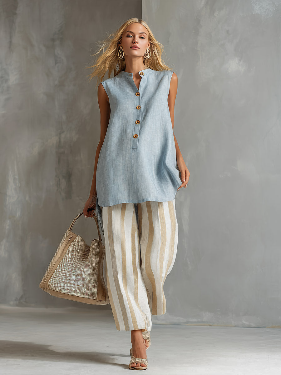 Elegant Casual Light Blue Vest And Striped Cropped Pants Cotton-Linen Set