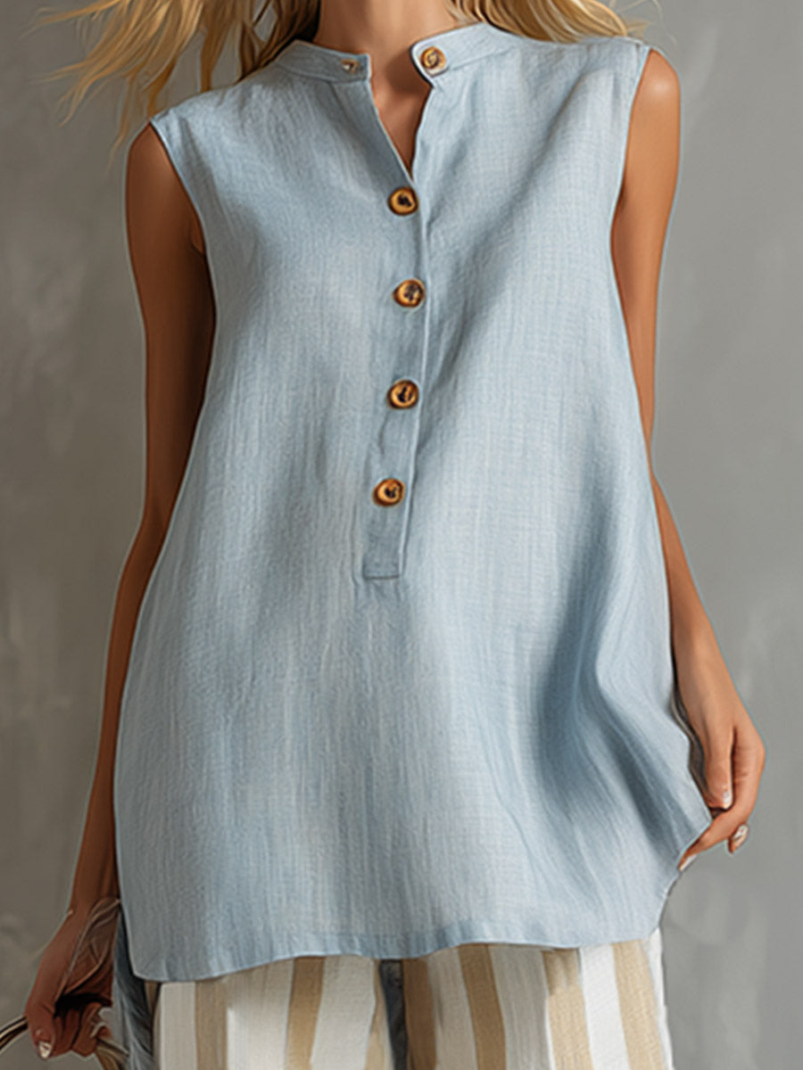 Elegant Casual Light Blue Vest And Striped Cropped Pants Cotton-Linen Set
