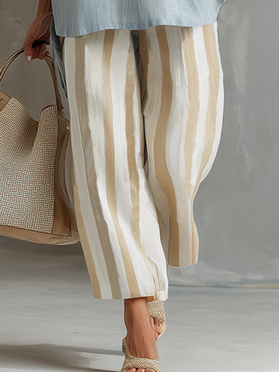 Elegant Casual Light Blue Vest and Striped Cropped Trousers Cotton-Linen Set