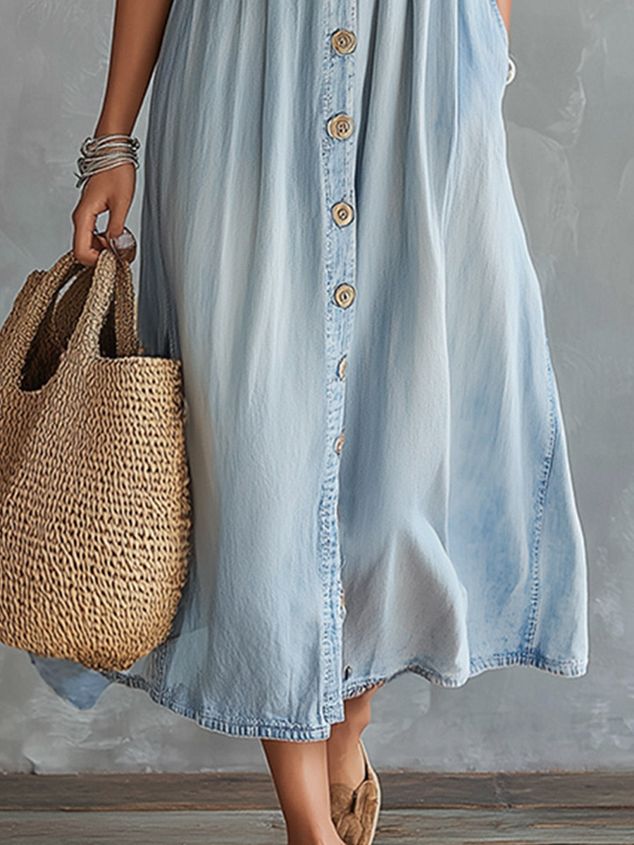 Stylish Casual Light Blue Lightweight Denim Button-Front Midi Dress