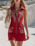 Western Retro Ethnic Embroidered Red Cotton Sleeveless Mini Dress