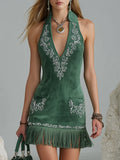 Vintage-Inspired Exquisite Embroidered Green Faux Suede Tassel Mini Dress
