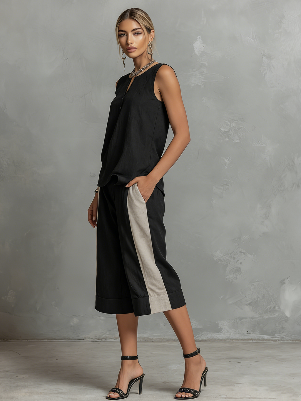 Retro Casual Sleeveless Round Neck Top and Colour-blocked Capri Pants Set