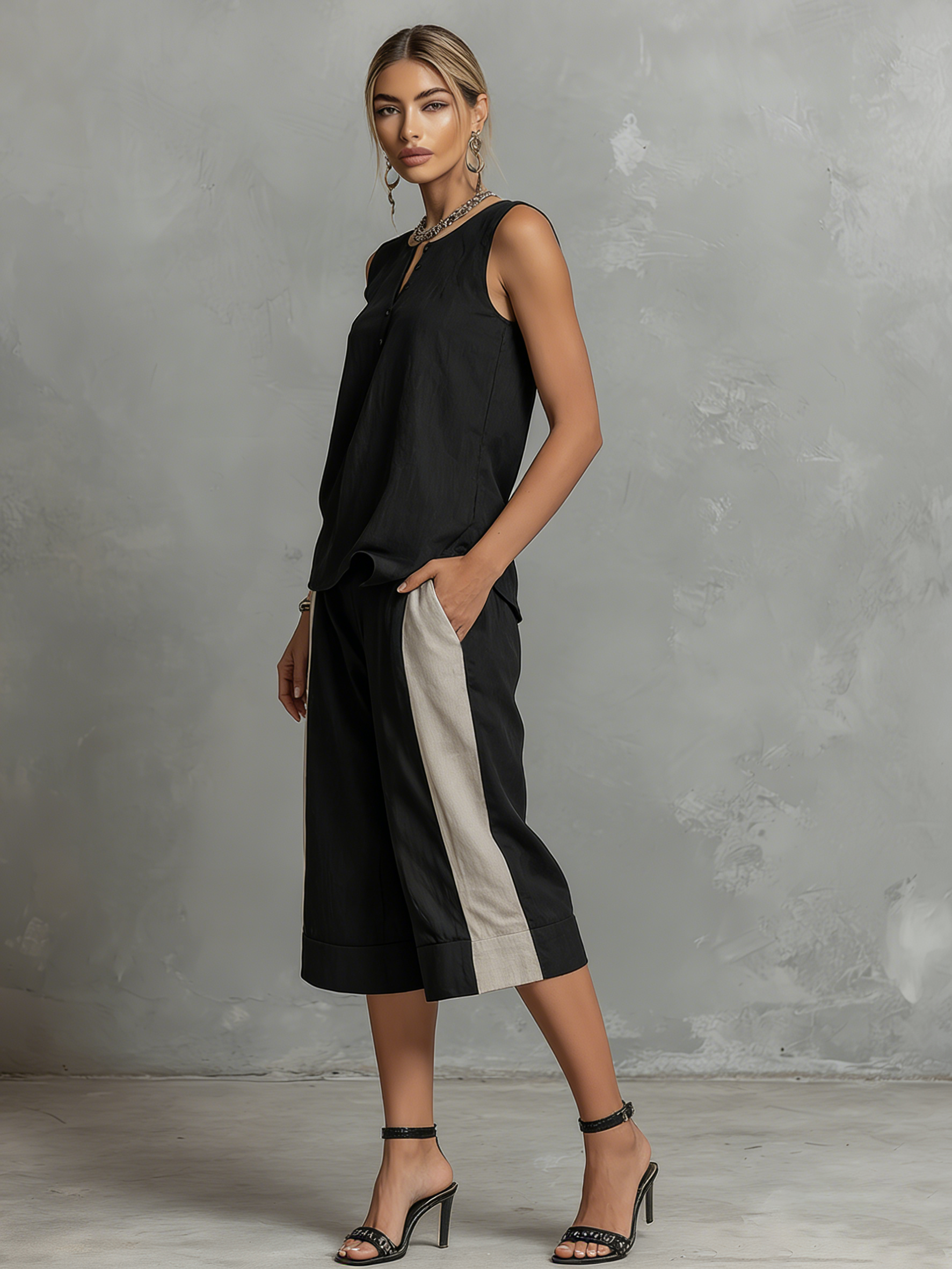 Retro Casual Sleeveless Round Neck Top and Colour-blocked Capri Pants Set