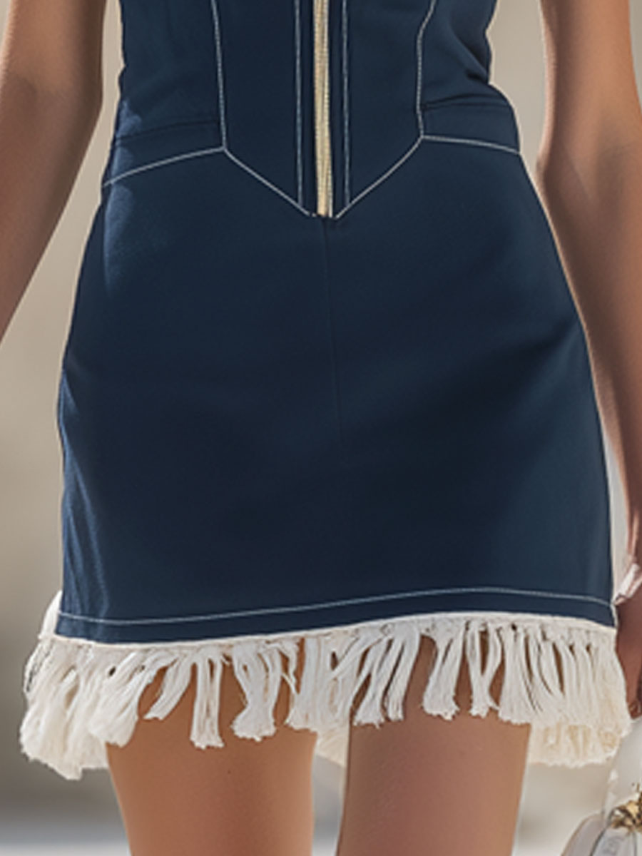 Western Bohemian Fringe Dark Blue Cotton Blend Sleeveless Mini Dress