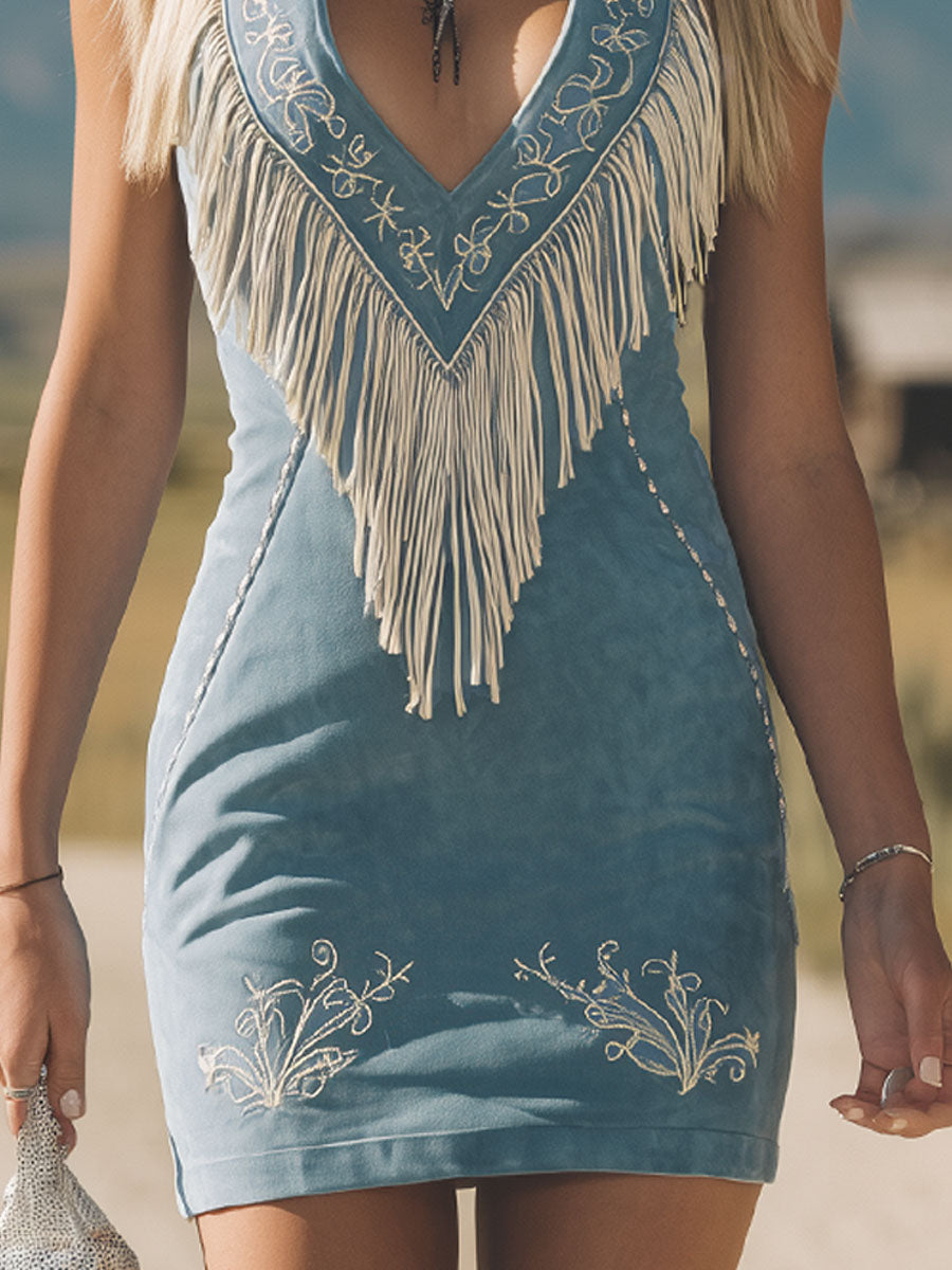 Retro-style Colour-blocked Tassel Embroidery Faux Suede Sleeveless Mini Dress