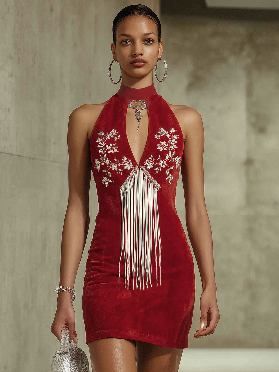 Retro-style Colour-blocked Tassel Embroidery Faux Suede Halter Neck Sleeveless Mini Dress