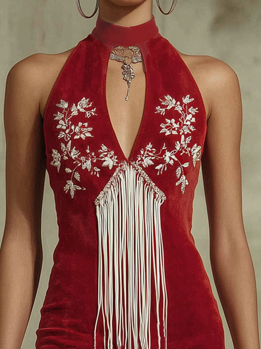 Retro-style Colour-blocked Tassel Embroidery Faux Suede Halter Neck Sleeveless Mini Dress