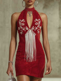 Retro-style Colour-blocked Tassel Embroidery Faux Suede Halter Neck Sleeveless Mini Dress