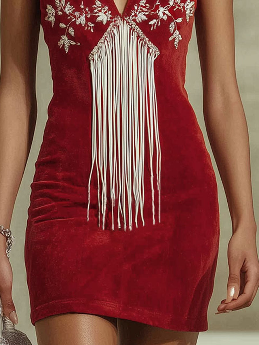 Retro-style Colour-blocked Tassel Embroidery Faux Suede Halter Neck Sleeveless Mini Dress