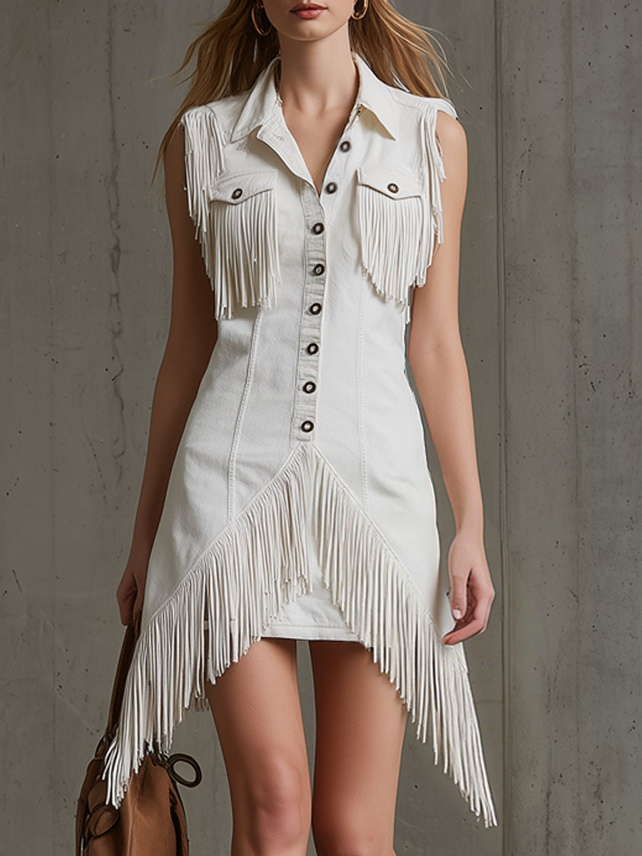 Western Bohemian Tassel White Cotton Blend Sleeveless Mini Dress