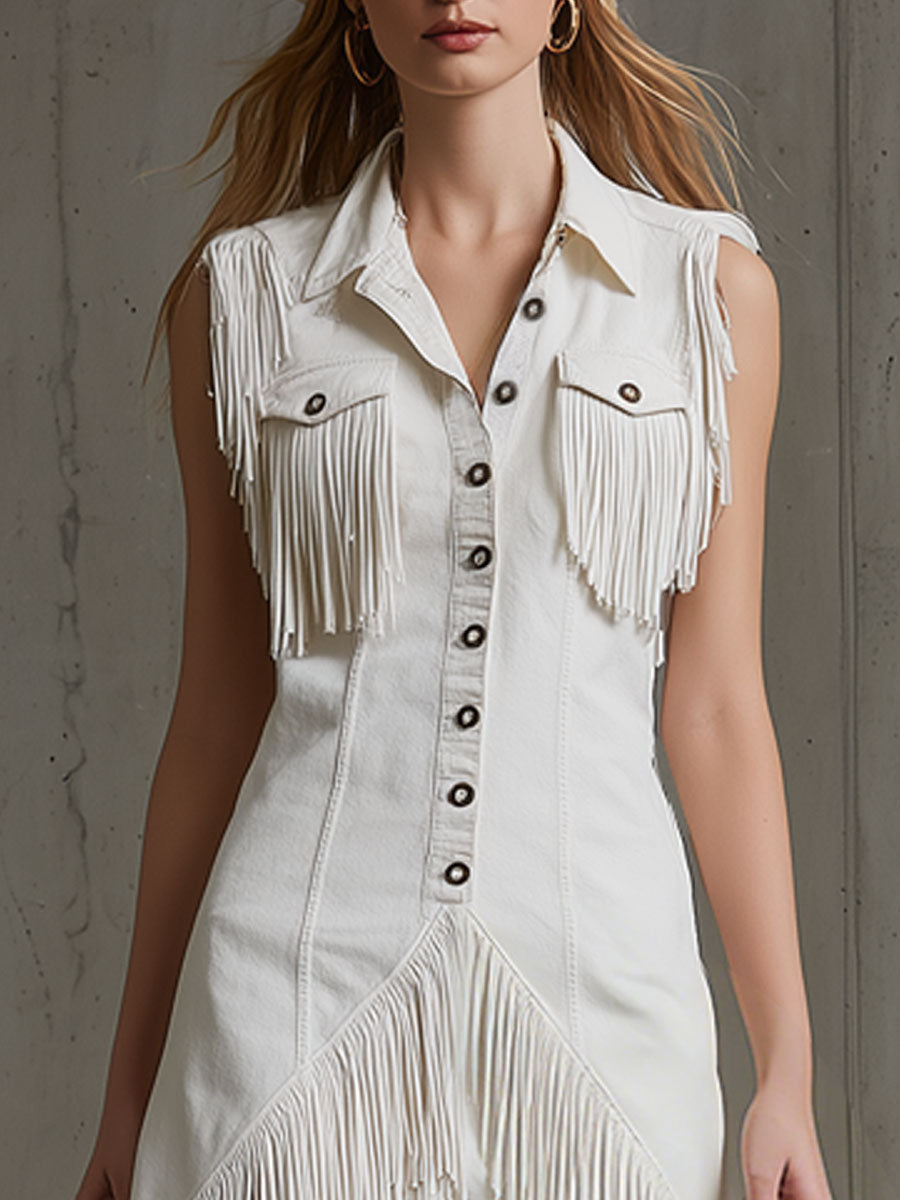 Western Bohemian Tassel White Cotton Blend Sleeveless Mini Dress