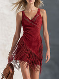 Western Bohemian Tassel Embroidered Red Faux Suede Sleeveless Mini Dress