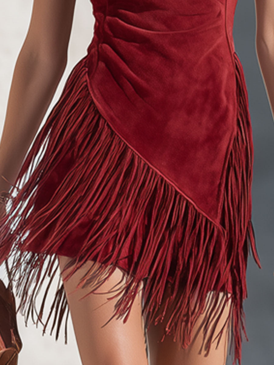 Western Bohemian Tassel Embroidered Red Faux Suede Sleeveless Mini Dress