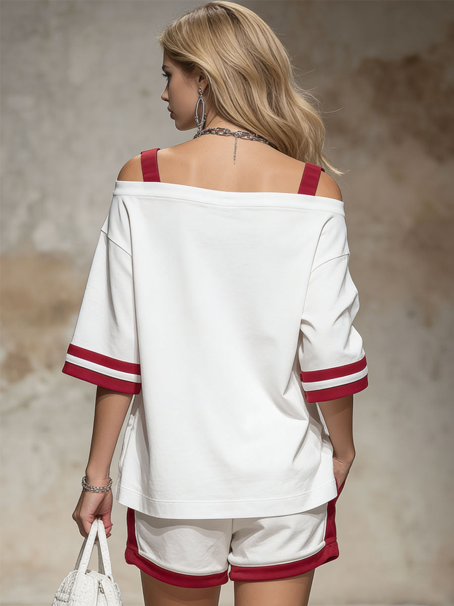 Retro Colour-blocked Off-shoulder Short-sleeved T-shirt and Shorts Set
