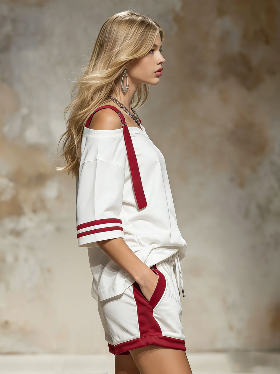 Retro Colour-blocked Off-shoulder Short-sleeved T-shirt and Shorts Set