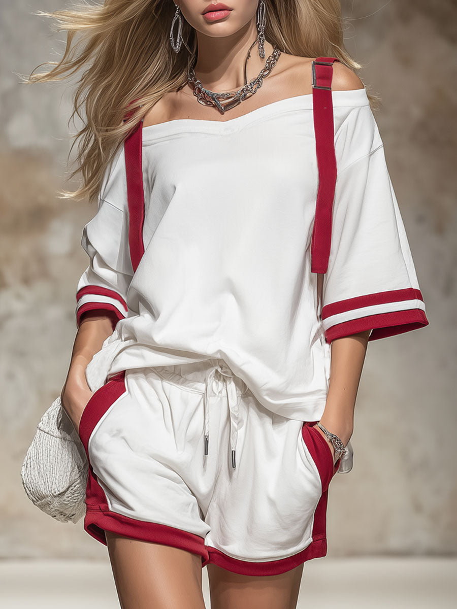 Retro Colour-blocked Off-shoulder Short-sleeved T-shirt and Shorts Set