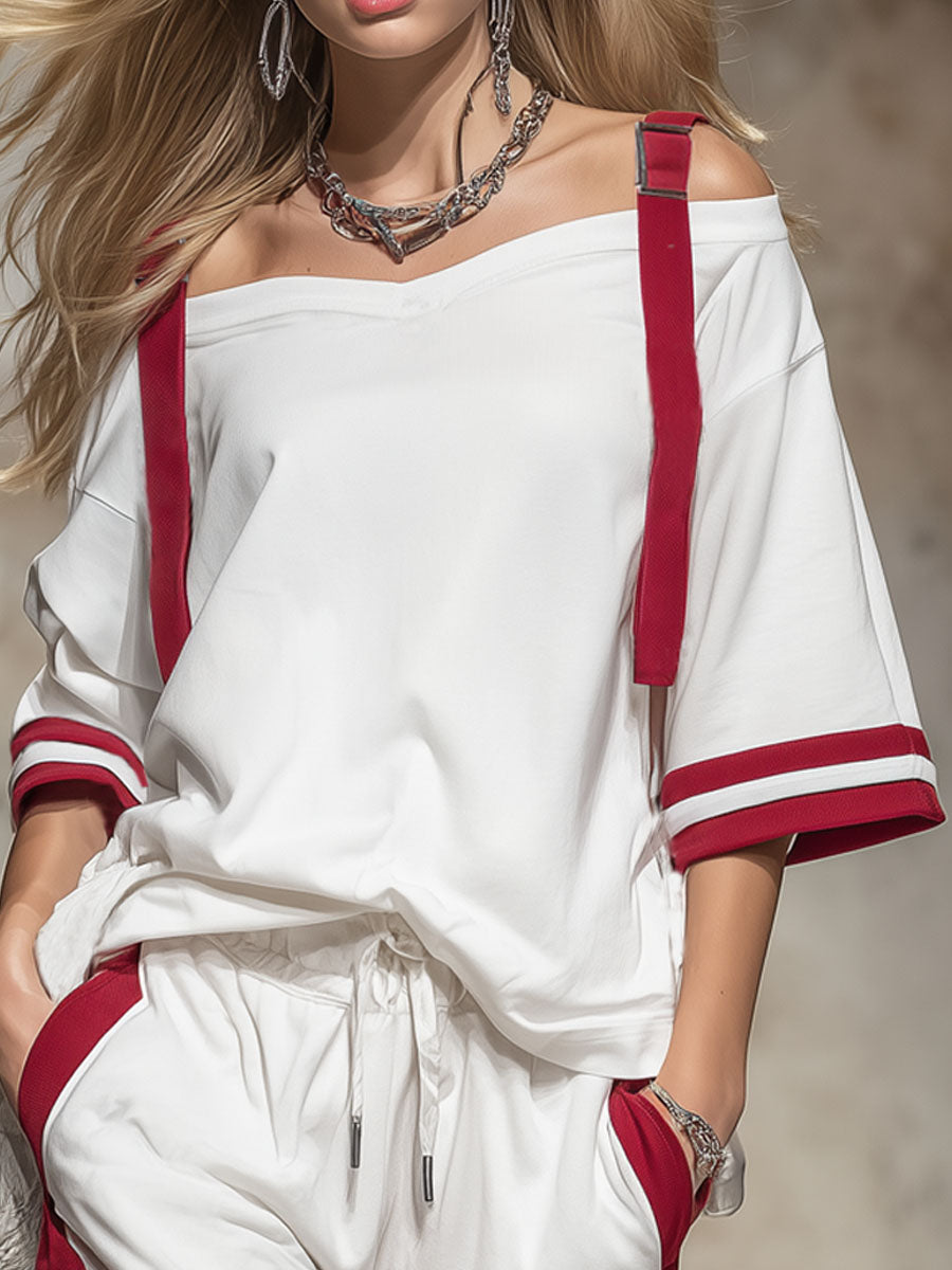Retro Colour-blocked Off-shoulder Short-sleeved T-shirt and Shorts Set