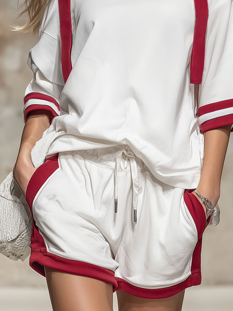 Retro Colour-blocked Off-shoulder Short-sleeved T-shirt and Shorts Set