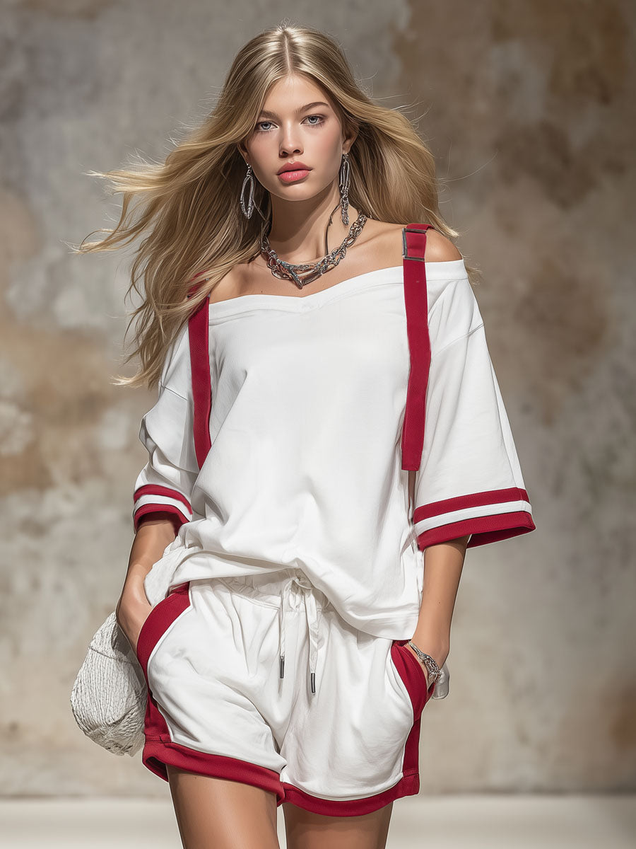 Retro Colour-blocked Off-shoulder Short-sleeved T-shirt and Shorts Set
