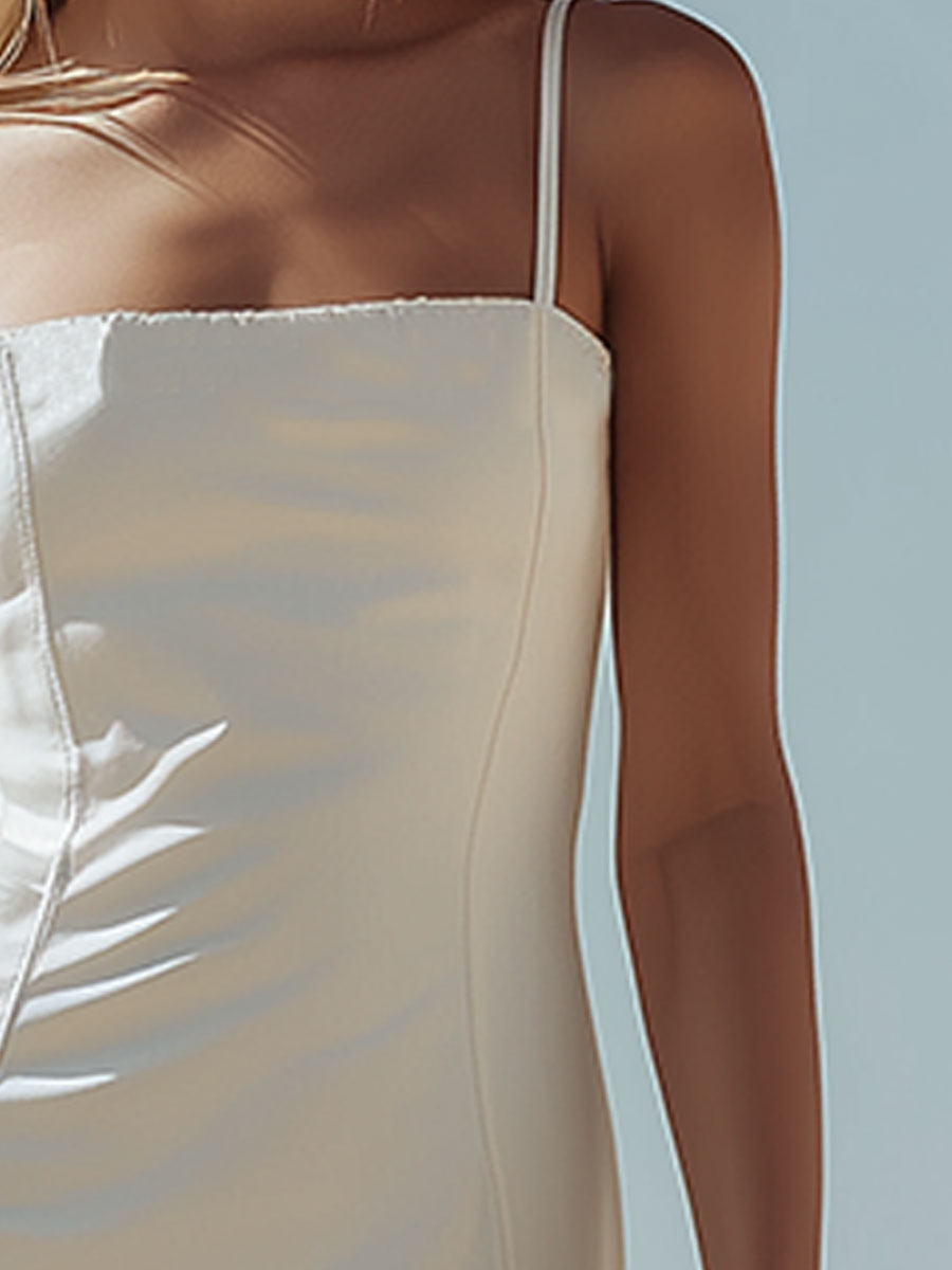 Western-style Retro Fringed White Spaghetti Strap Square Neck Faux Suede Midi Dress