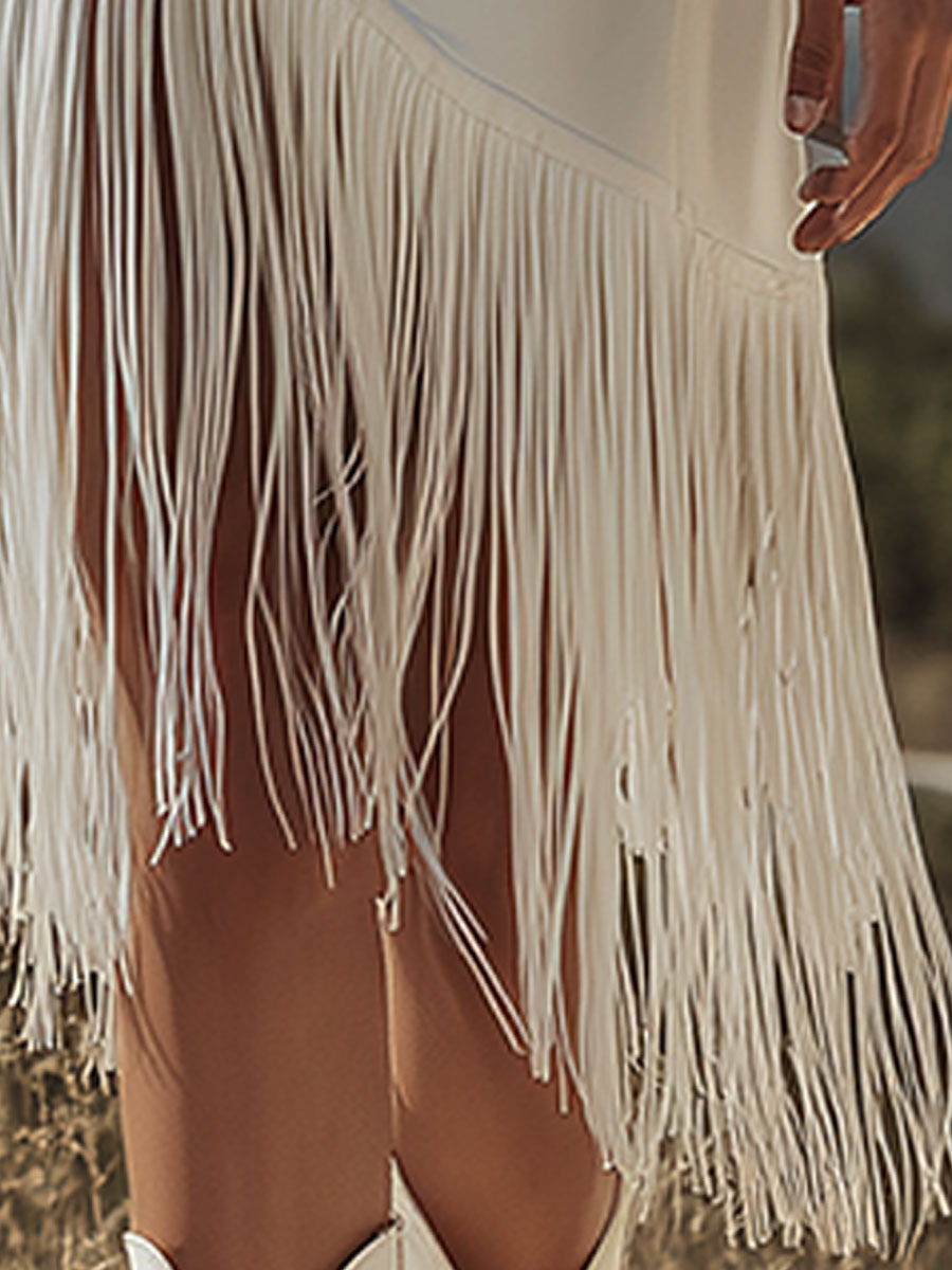 Western-style Retro Fringed White Spaghetti Strap Square Neck Faux Suede Midi Dress