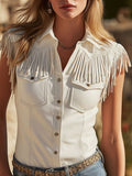 Western Retro Style Fringed White Collar Button Sleeveless Faux Suede Shirt