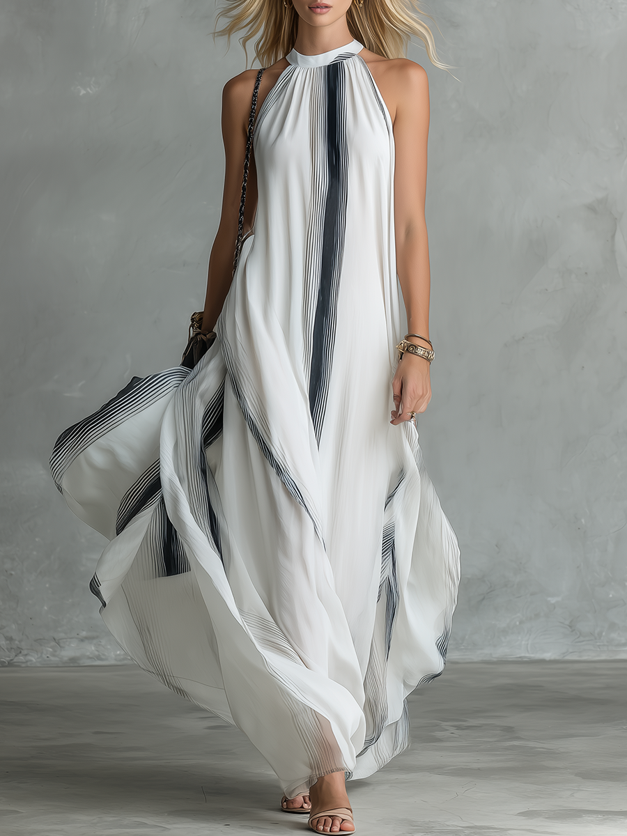 Stylish and Beautiful Round Neck Sleeveless Striped Printed Chiffon Long Dress