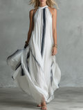 Stylish and Beautiful Round Neck Sleeveless Striped Printed Chiffon Long Dress