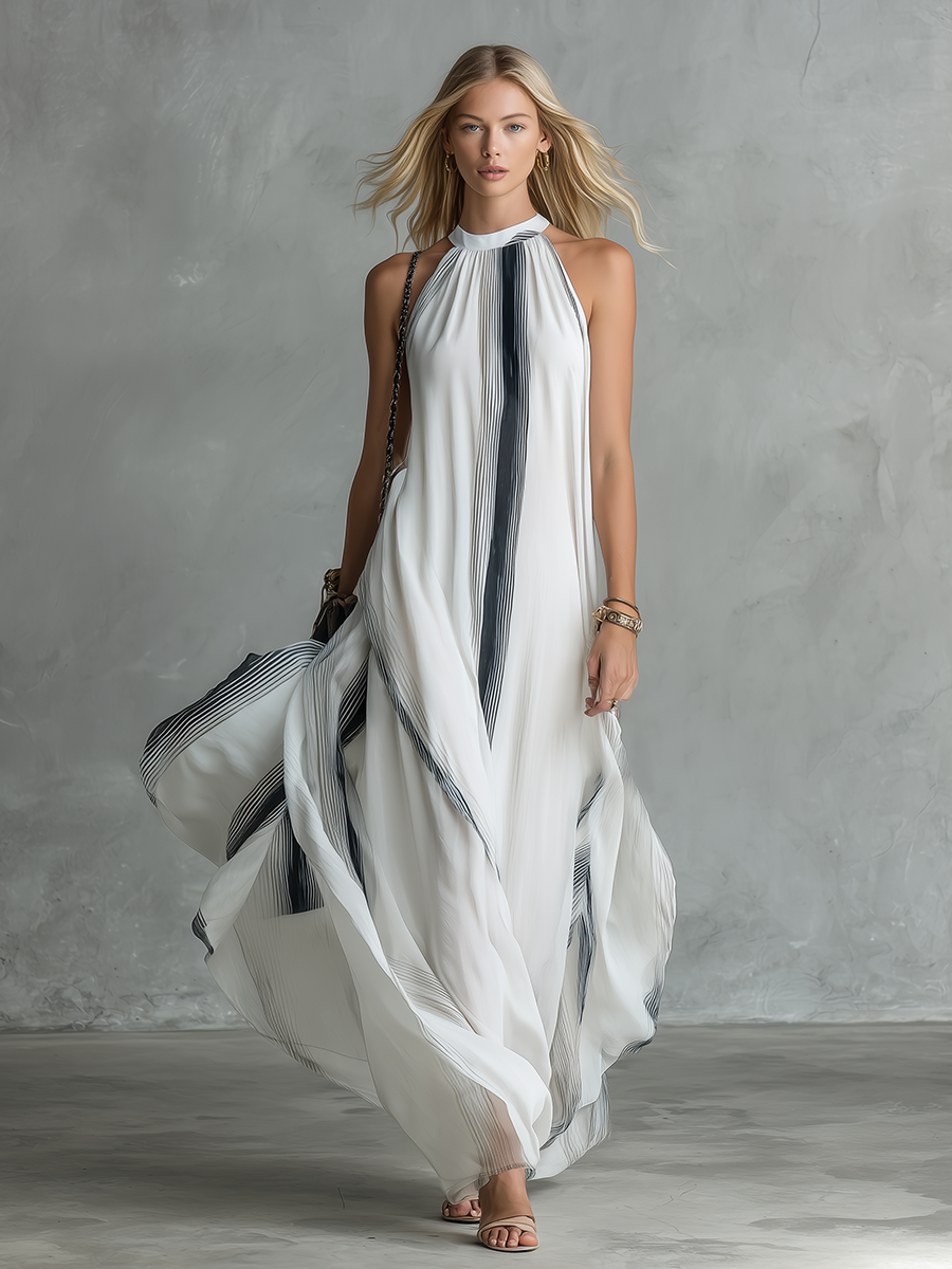 Stylish and Beautiful Round Neck Sleeveless Striped Printed Chiffon Long Dress