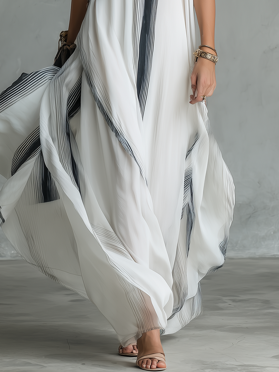 Stylish and Beautiful Round Neck Sleeveless Striped Printed Chiffon Long Dress