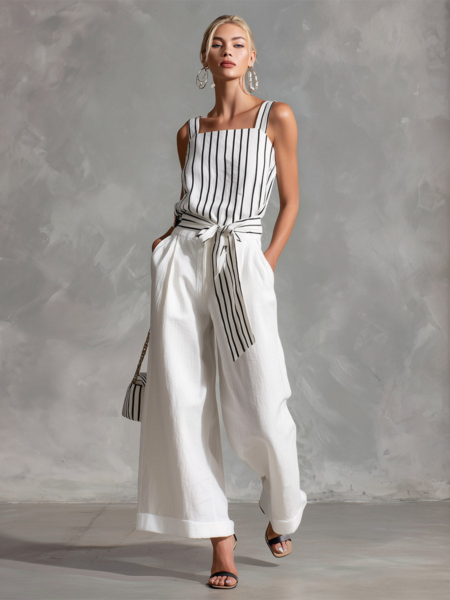 Casual Urban White Striped Spaghetti-Strap Top and Wide-Leg Trousers Cotton-Linen Set