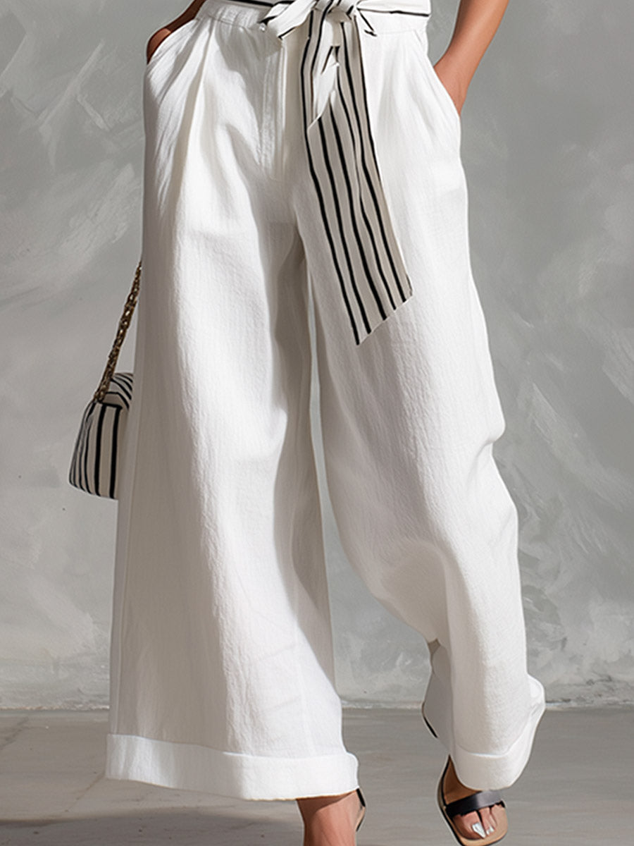 Casual Urban White Striped Spaghetti-Strap Top and Wide-Leg Trousers Cotton-Linen Set