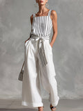 Casual Urban White Striped Spaghetti-Strap Top and Wide-Leg Trousers Cotton-Linen Set