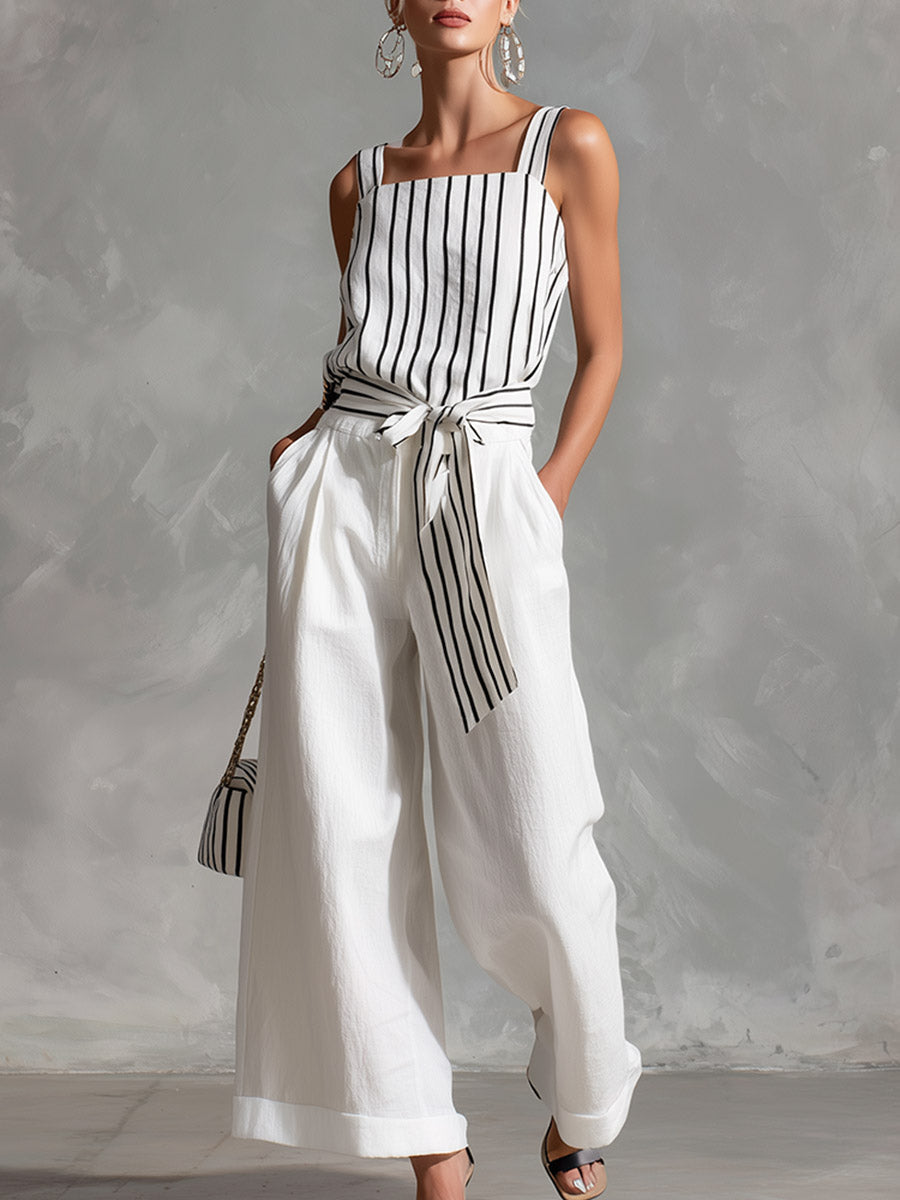 Casual Urban White Striped Spaghetti-Strap Top and Wide-Leg Trousers Cotton-Linen Set