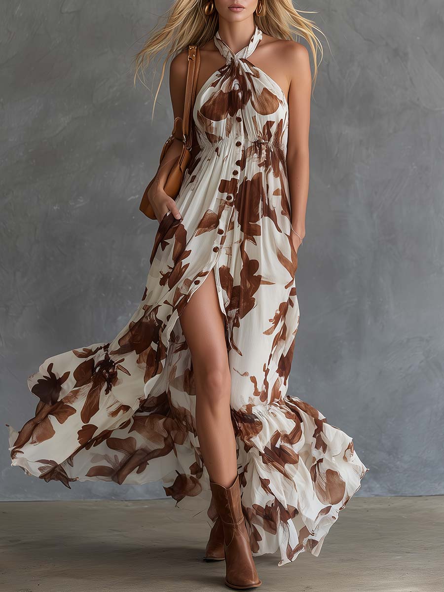 Retro Holiday Halter Front Button Brown Petal-Print Chiffon Slit Maxi Dress