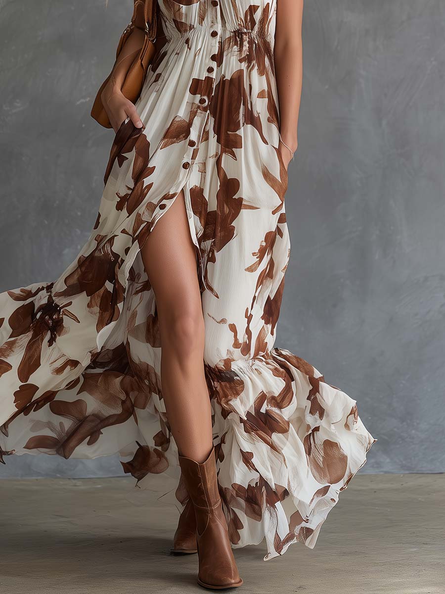 Retro Vacation Halter Front Button Brown Petal-Print Chiffon Slit Maxi Dress