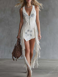 Elegant Western Vacation V-Neck Fringed Hem White Faux Suede Mini Dress