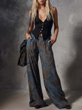 Retro Western Vacation Black Cotton V-Neck Vest and Paisley-Print Chiffon Trousers Set